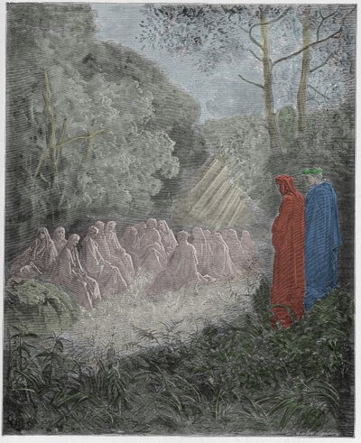 Purgatorio, Canto 7: De geesten zingen Salve Regina in het dal, illustratie uit De Goddelijke Komedie van Dante Alighieri, 1885 door Gustave after Dore